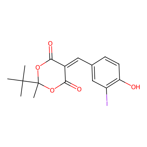 2-Tert-butyl-5-(4-hydroxy-3-iodobenzylidene)-2-methyl-1,3-dioxane-4,6-dione structure