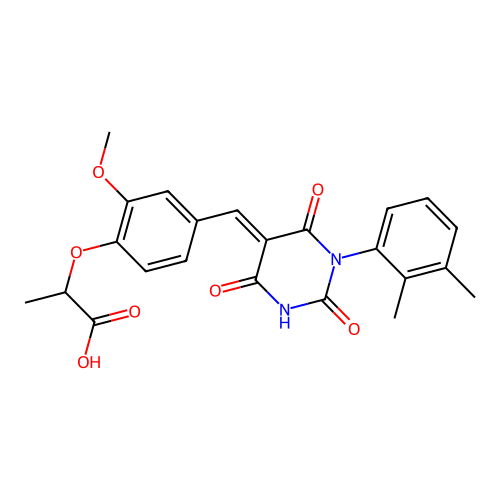 2-(4-{(E)-[1-(2,3-dimethylphenyl)-2,4,6-trioxotetrahydropyrimidin-5(2H)-ylidene]methyl}-2-methoxyphenoxy)propanoic acid structure