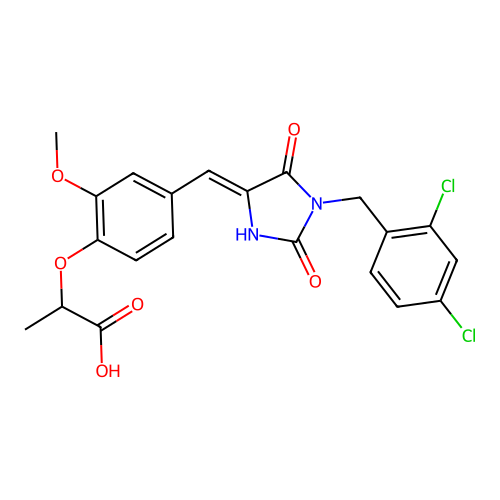 2-(4-{(Z)-[1-(2,4-dichlorobenzyl)-2,5-dioxoimidazolidin-4-ylidene]methyl}-2-methoxyphenoxy)propanoic acid structure