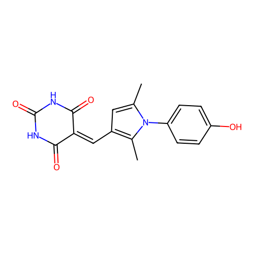 5-[[1-(4-hydroxyphenyl)-2,5-dimethyl-pyrrol-3-yl]methylidene]-1,3-diazinane-2,4,6-trione structure
