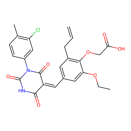 [4-{(Z)-[1-(3-chloro-4-methylphenyl)-2,4,6-trioxotetrahydropyrimidin-5(2H)-ylidene]methyl}-2-ethoxy-6-(prop-2-en-1-yl)phenoxy]acetic acid structure