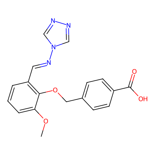 4-({2-methoxy-6-[(E)-(4H-1,2,4-triazol-4-ylimino)methyl]phenoxy}methyl)benzoic acid structure