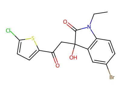 5-Bromo-3-[2-(5-chlorothiophen-2-yl)-2-oxoethyl]-1-ethyl-3-hydroxyindol-2-one structure