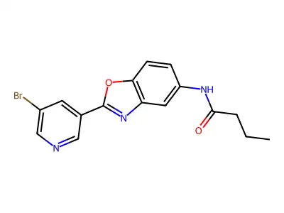 N-[2-(5-bromo-3-pyridinyl)-1,3-benzoxazol-5-yl]butanamide structure