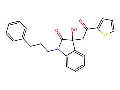 3-Hydroxy-3-(2-oxo-2-thiophen-2-ylethyl)-1-(3-phenylpropyl)indol-2-one structure