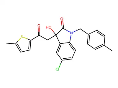 5-chloro-3-hydroxy-1-[(4-methylphenyl)methyl]-3-[2-(5-methylthiophen-2-yl)-2-oxoethyl]indol-2-one structure