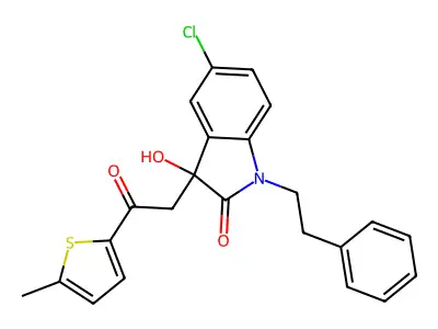 5-chloro-3-hydroxy-3-[2-(5-methylthiophen-2-yl)-2-oxoethyl]-1-(2-phenylethyl)-1,3-dihydro-2H-indol-2-one structure