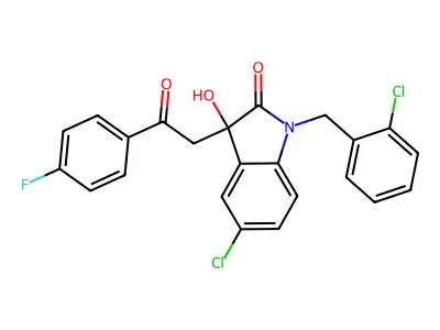 5-chloro-1-[(2-chlorophenyl)methyl]-3-[2-(4-fluorophenyl)-2-oxoethyl]-3-hydroxyindol-2-one structure