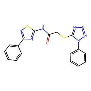 2-[(1-phenyl-1H-tetrazol-5-yl)thio]-N-(3-phenyl-1,2,4-thiadiazol-5-yl)acetamide structure