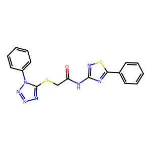 2-[(1-phenyl-1H-tetrazol-5-yl)thio]-N-(5-phenyl-1,2,4-thiadiazol-3-yl)acetamide structure