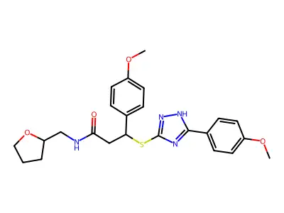3-(4-methoxyphenyl)-3-((3-(4-methoxyphenyl)-1H-1,2,4-triazol-5-yl)thio)-N-((tetrahydrofuran-2-yl)methyl)propanamide structure