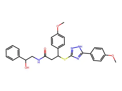 N-(2-hydroxy-2-phenylethyl)-3-(4-methoxyphenyl)-3-{[5-(4-methoxyphenyl)-4H-1,2,4-triazol-3-yl]sulfanyl}propanamide structure