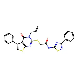 2-{[4-oxo-5-phenyl-3-(prop-2-en-1-yl)-3H,4H-thieno[2,3-d]pyrimidin-2-yl]sulfanyl}-N-(3-phenyl-1,2,4-thiadiazol-5-yl)acetamide structure