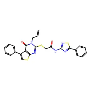2-{[4-oxo-5-phenyl-3-(prop-2-en-1-yl)-3H,4H-thieno[2,3-d]pyrimidin-2-yl]sulfanyl}-N-(5-phenyl-1,2,4-thiadiazol-3-yl)acetamide structure