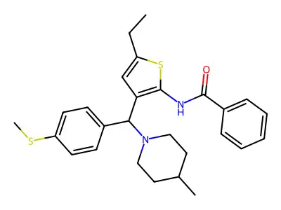 N-(5-ethyl-3-{(4-methylpiperidin-1-yl)[4-(methylsulfanyl)phenyl]methyl}thiophen-2-yl)benzamide structure