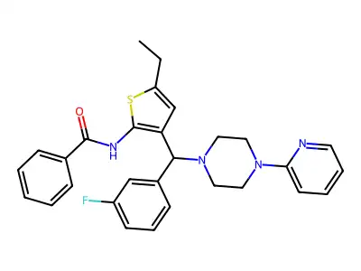 N-(5-ethyl-3-{(3-fluorophenyl)[4-(pyridin-2-yl)piperazin-1-yl]methyl}thiophen-2-yl)benzamide structure