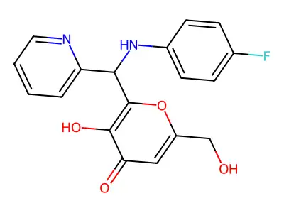 2-{[(4-fluorophenyl)amino](pyridin-2-yl)methyl}-3-hydroxy-6-(hydroxymethyl)-4H-pyran-4-one structure