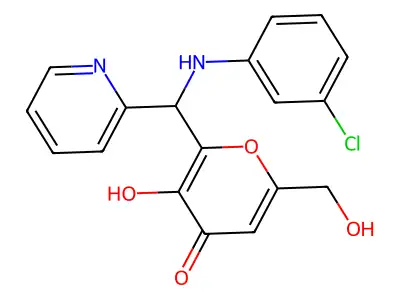 2-{[(3-chlorophenyl)amino](pyridin-2-yl)methyl}-3-hydroxy-6-(hydroxymethyl)-4H-pyran-4-one structure