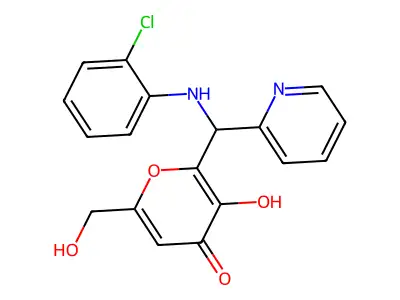 2-{[(2-chlorophenyl)amino](pyridin-2-yl)methyl}-3-hydroxy-6-(hydroxymethyl)-4H-pyran-4-one structure