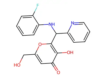 2-{[(2-fluorophenyl)amino](pyridin-2-yl)methyl}-3-hydroxy-6-(hydroxymethyl)-4H-pyran-4-one structure