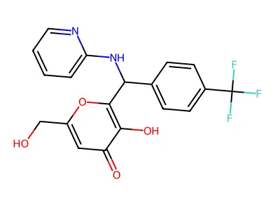 3-hydroxy-6-(hydroxymethyl)-2-{(pyridin-2-ylamino)[4-(trifluoromethyl)phenyl]methyl}-4H-pyran-4-one structure