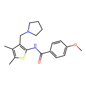 N-[4,5-dimethyl-3-(pyrrolidin-1-ylmethyl)thiophen-2-yl]-4-methoxybenzamide structure