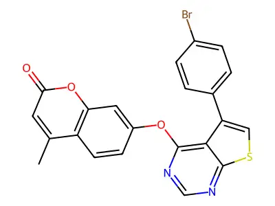7-((5-(4-bromophenyl)thieno[2,3-d]pyrimidin-4-yl)oxy)-4-methyl-2H-chromen-2-one structure