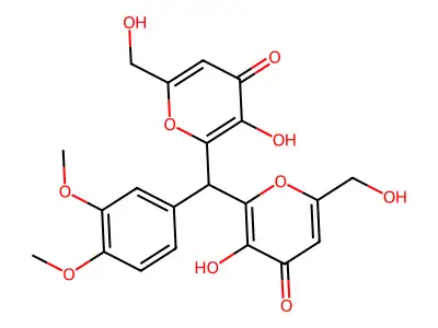 6,6'-((3,4-dimethoxyphenyl)methylene)bis(5-hydroxy-2-(hydroxymethyl)-4H-pyran-4-one) structure