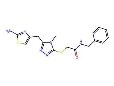 2-({5-[(2-amino-1,3-thiazol-4-yl)methyl]-4-methyl-4H-1,2,4-triazol-3-yl}sulfanyl)-N-benzylacetamide structure