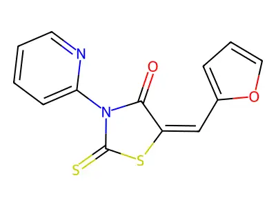 (E)-5-(furan-2-ylmethylene)-3-(pyridin-2-yl)-2-thioxothiazolidin-4-one structure