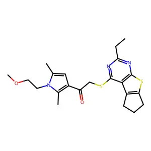 2-((2-ethyl-6,7-dihydro-5H-cyclopenta[4,5]thieno[2,3-d]pyrimidin-4-yl)thio)-1-(1-(2-methoxyethyl)-2,5-dimethyl-1H-pyrrol-3-yl)ethanone structure