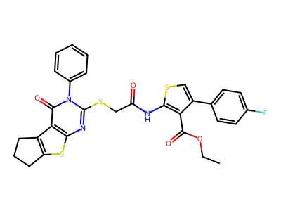 ethyl 4-(4-fluorophenyl)-2-(2-((4-oxo-3-phenyl-4,5,6,7-tetrahydro-3H-cyclopenta[4,5]thieno[2,3-d]pyrimidin-2-yl)thio)acetamido)thiophene-3-carboxylate structure