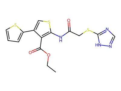 ethyl 4-thiophen-2-yl-2-[[2-(1H-1,2,4-triazol-5-ylsulfanyl)acetyl]amino]thiophene-3-carboxylate structure