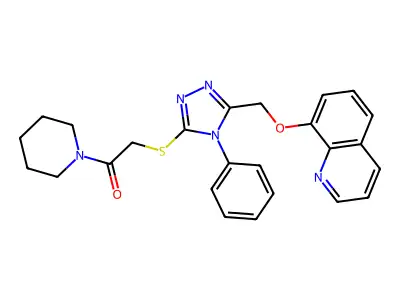 2-[[4-phenyl-5-(quinolin-8-yloxymethyl)-1,2,4-triazol-3-yl]sulfanyl]-1-piperidin-1-ylethanone structure