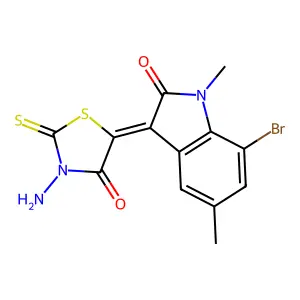 (5Z)-3-amino-5-(7-bromo-1,5-dimethyl-2-oxoindol-3-ylidene)-2-sulfanylidene-1,3-thiazolidin-4-one structure