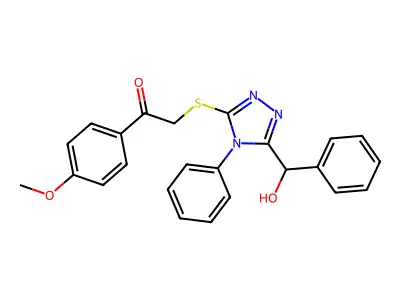2-[[5-[hydroxy(phenyl)methyl]-4-phenyl-1,2,4-triazol-3-yl]sulfanyl]-1-(4-methoxyphenyl)ethanone structure