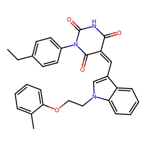 (5Z)-1-(4-ethylphenyl)-5-[[1-[2-(2-methylphenoxy)ethyl]indol-3-yl]methylidene]-1,3-diazinane-2,4,6-trione structure