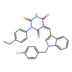 (5Z)-5-[[1-[(4-chlorophenyl)methyl]indol-3-yl]methylidene]-1-(4-ethylphenyl)-1,3-diazinane-2,4,6-trione structure