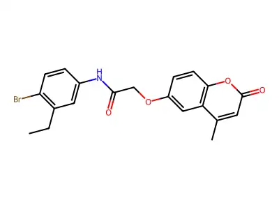 N-(4-bromo-3-ethylphenyl)-2-(4-methyl-2-oxochromen-6-yl)oxyacetamide structure