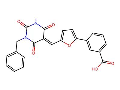 3-{5-[(E)-(1-benzyl-2,4,6-trioxotetrahydropyrimidin-5(2H)-ylidene)methyl]furan-2-yl}benzoic acid structure