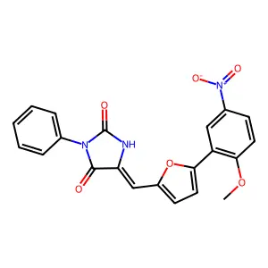 (5E)-5-[[5-(2-methoxy-5-nitrophenyl)furan-2-yl]methylidene]-3-phenylimidazolidine-2,4-dione structure