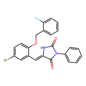 (5E)-5-{5-bromo-2-[(2-fluorobenzyl)oxy]benzylidene}-3-phenylimidazolidine-2,4-dione structure