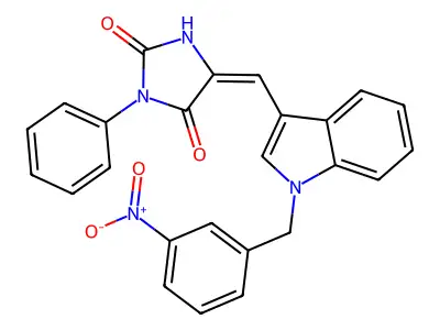 (5E)-5-[[1-[(3-nitrophenyl)methyl]indol-3-yl]methylidene]-3-phenylimidazolidine-2,4-dione structure