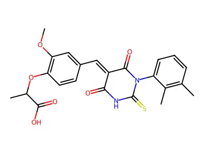 2-(4-{(E)-[1-(2,3-dimethylphenyl)-4,6-dioxo-2-thioxotetrahydropyrimidin-5(2H)-ylidene]methyl}-2-methoxyphenoxy)propanoic acid structure