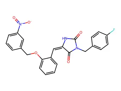 (5E)-3-(4-fluorobenzyl)-5-{2-[(3-nitrobenzyl)oxy]benzylidene}imidazolidine-2,4-dione structure