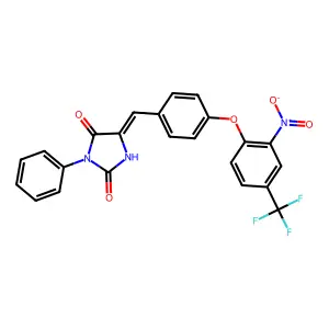 (5E)-5-{4-[2-nitro-4-(trifluoromethyl)phenoxy]benzylidene}-3-phenylimidazolidine-2,4-dione structure