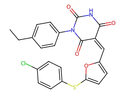 (5Z)-5-[[5-(4-chlorophenyl)sulfanylfuran-2-yl]methylidene]-1-(4-ethylphenyl)-1,3-diazinane-2,4,6-trione structure