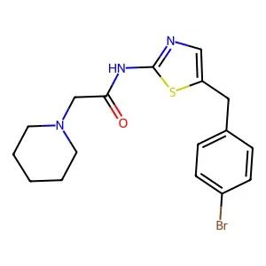 N-[5-[(4-bromophenyl)methyl]-1,3-thiazol-2-yl]-2-piperidin-1-ylacetamide structure