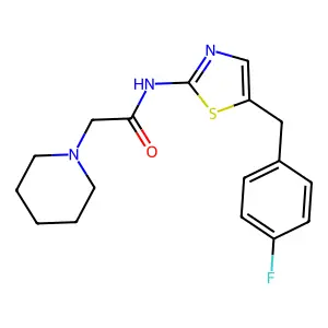 N-[5-[(4-fluorophenyl)methyl]-1,3-thiazol-2-yl]-2-piperidin-1-ylacetamide structure