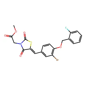 methyl [(5E)-5-{3-bromo-4-[(2-fluorobenzyl)oxy]benzylidene}-2,4-dioxo-1,3-thiazolidin-3-yl]acetate structure